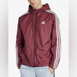 Adidas Men's Burgundy Windbreaker with White Stripes